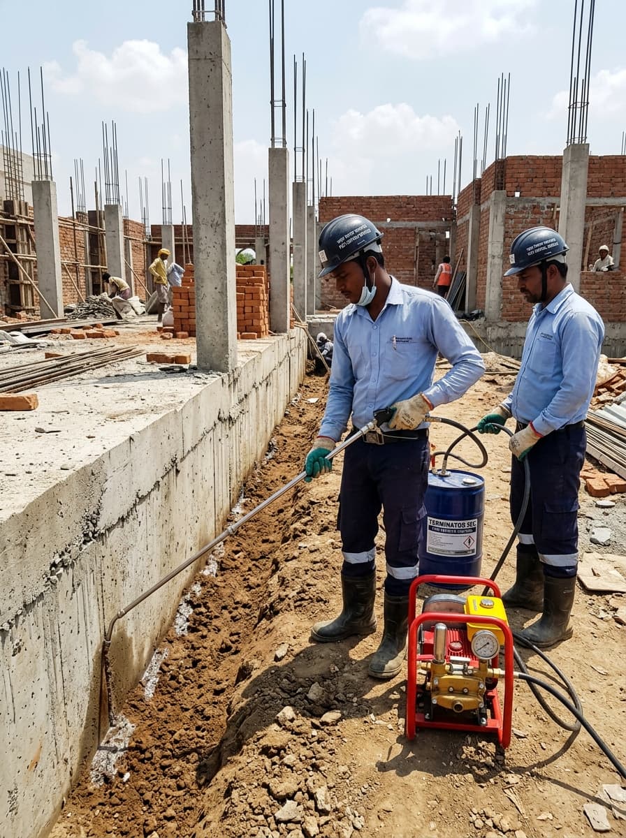 Anti-termite treatment technician at a construction site